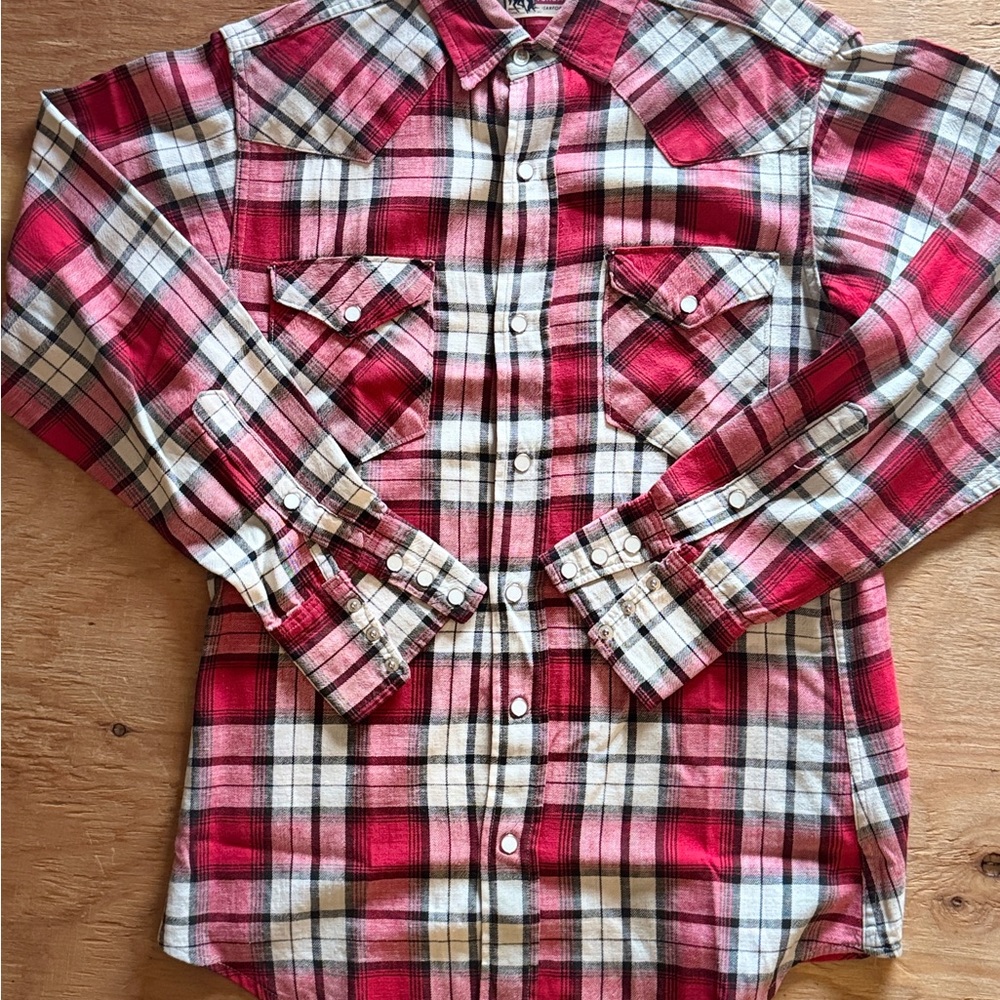 KILLER VINTAGE COWBOY SHIRT. Red/White Plaid Button-Up Shirt